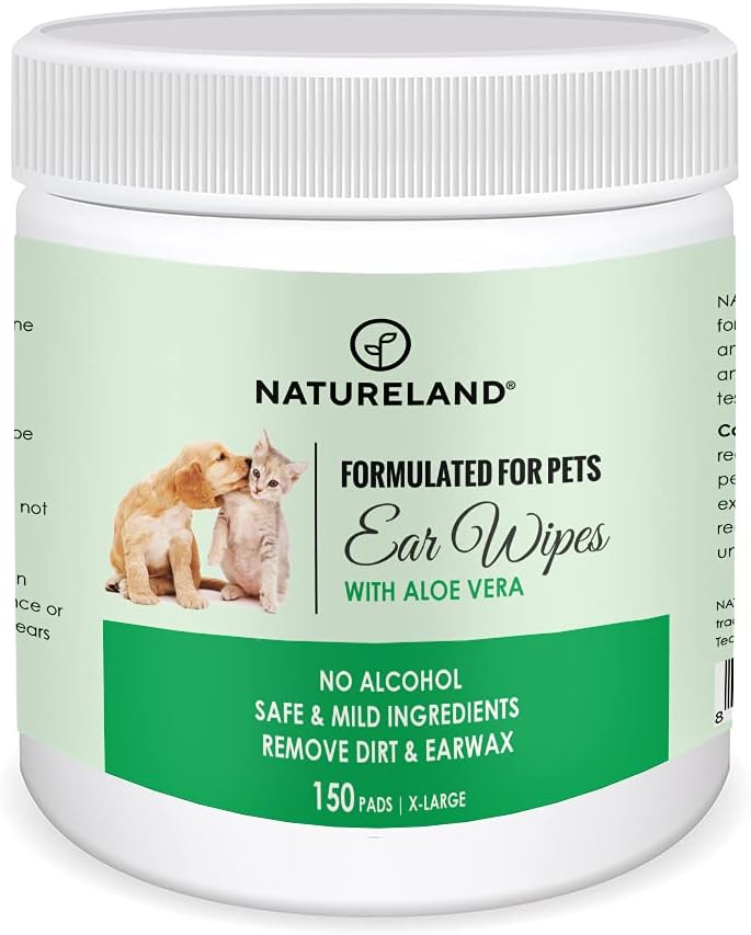 [150 pcs Extra-Large] Natureland Dog Ear Wipes - Extra Large Pads [170%] Ear Infections and Ear Odor in Pets