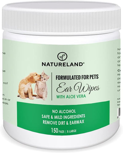 [150 pcs Extra-Large] Natureland Dog Ear Wipes - Extra Large Pads [170%] Ear Infections and Ear Odor in Pets