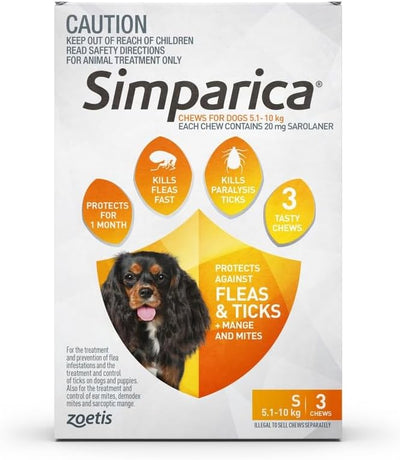 Simparica Flea and Tick Chewable Tablets for Dog Small 5.1-10 kg, Orange (Pack of 6)