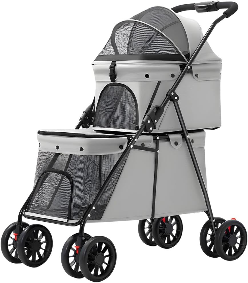 Double Layer Pet Stroller Cat Dog pram, Lockable Wheels Carriers, Foldable for Storage, for Small Medium Sized Pets(Grey)