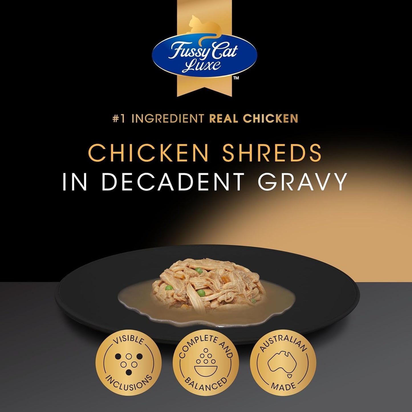 Fussy Cat Luxe Wet Cat Food, Chicken Shreds in Decadent Gravy 12x70g