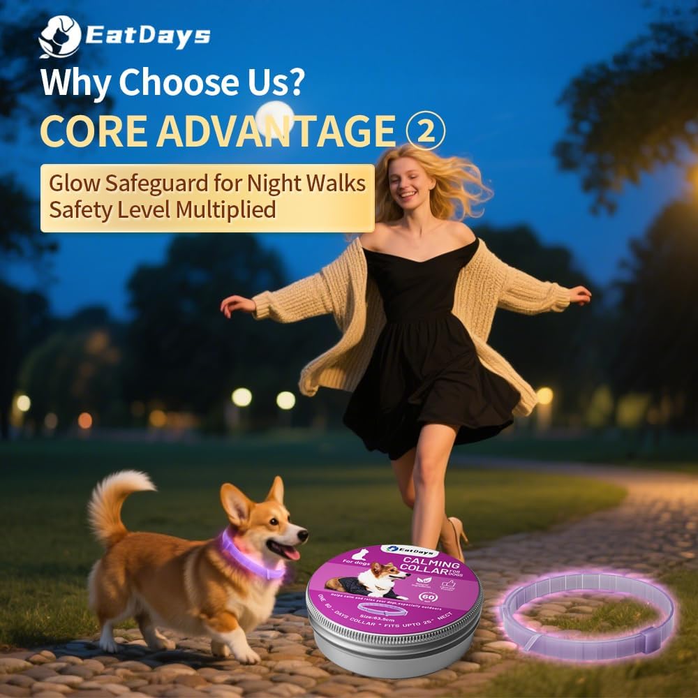 Fluorescent Calming Collar for Dogs and Cats with Pheromones - Maximum Anxiety Relief & Stress Reduction for Thunderstorms,Travel, Fireworks and Noise Phobias - Long Lasting 30 Days