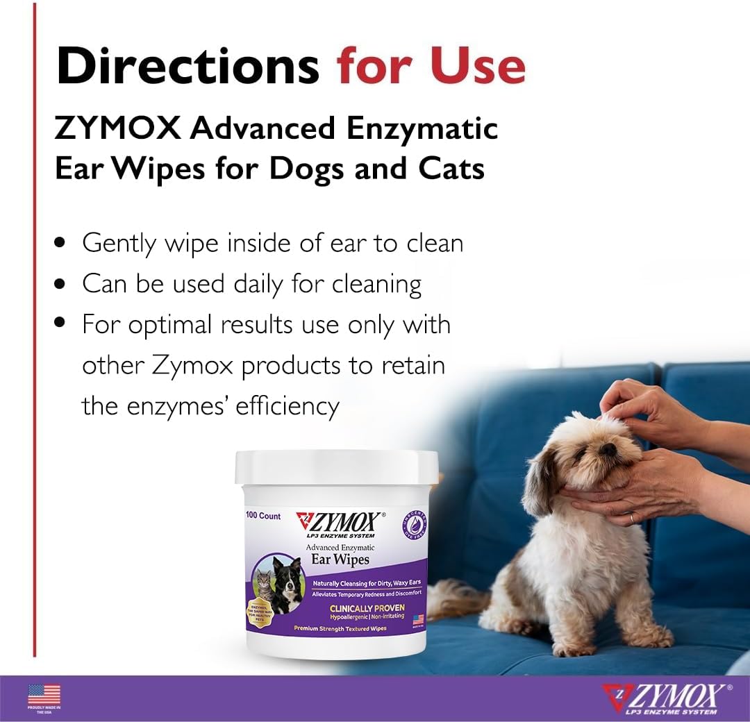 Zymox Advanced Enzymatic Ear Wipes for Dogs and Cats - for Dirty, Waxy, Smelly Ears- Hypoallergenic (100 Count-Pack of 2)