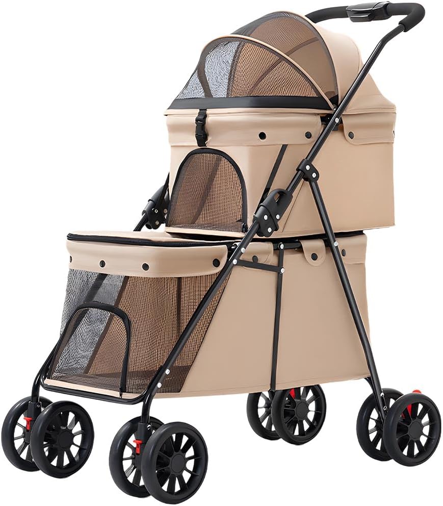Double Layer Pet Stroller Cat Dog pram, Lockable Wheels Carriers, Foldable for Storage, for Small Medium Sized Pets, Simple Assembly (Brown)