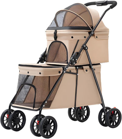 Double Layer Pet Stroller Cat Dog pram, Lockable Wheels Carriers, Foldable for Storage, for Small Medium Sized Pets, Simple Assembly (Brown)