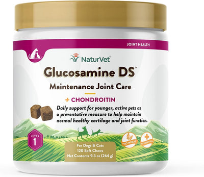 NaturVet Glucosamine DS Level 1 Maintenance Joint Care for Dogs and Cats, 120 ct Soft Chews, Made in USA