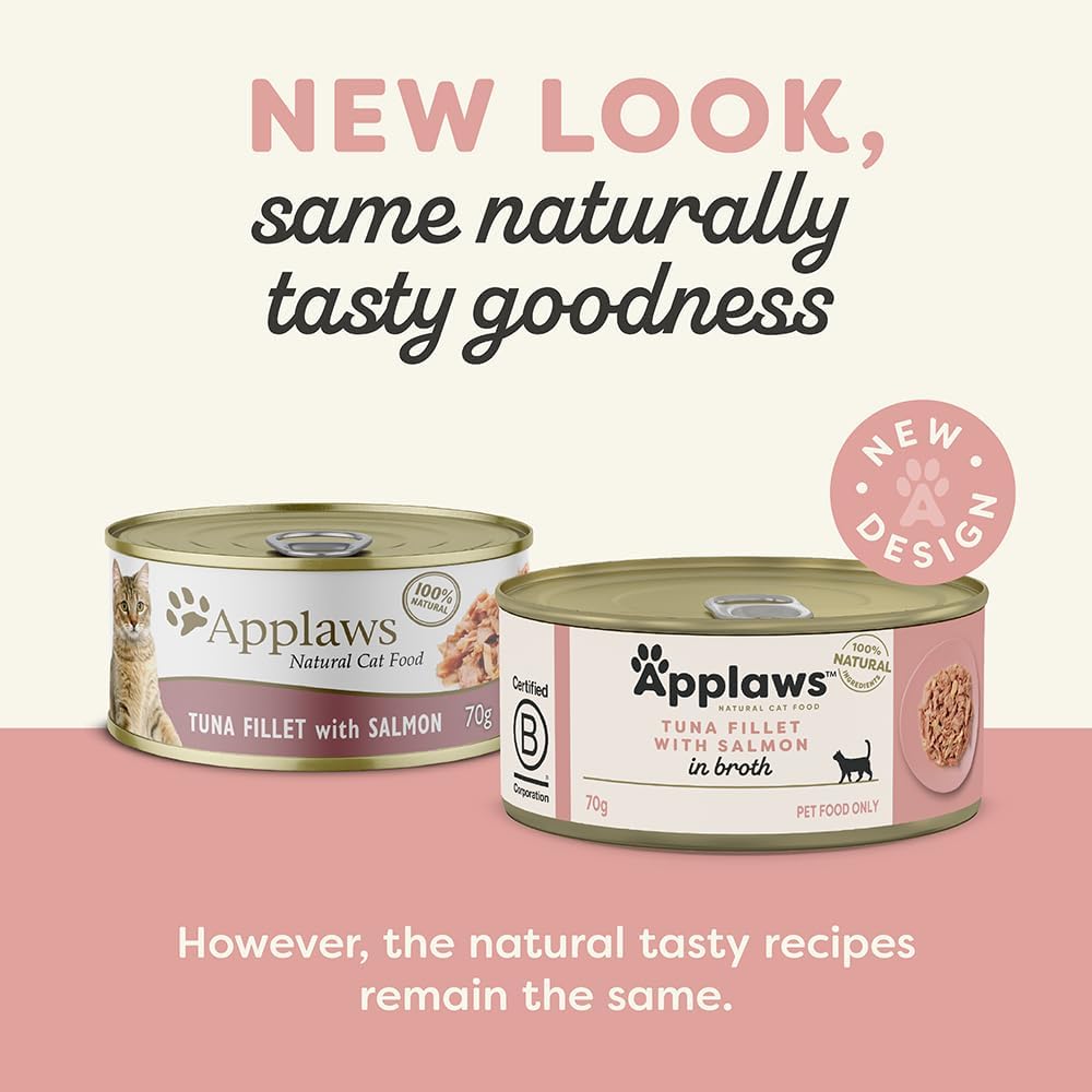 Applaws 100% Natural Wet Cat Food Tin Tuna Fillet with Salmon in Broth Tin 70g (Pack of 24)