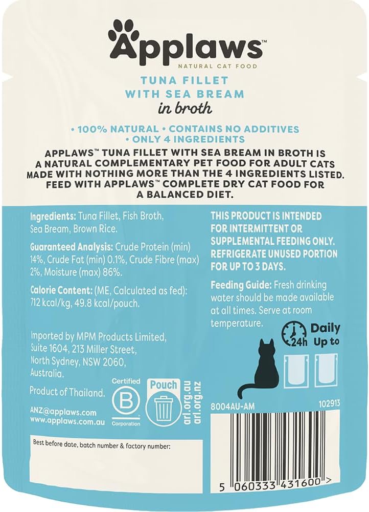Applaws 100% Natural Wet Cat Food Tuna Fillet with Sea Bream in Broth, Limited Ingredients Pet Food 70g Pouch (Pack of 16) Visit the Applaws Store