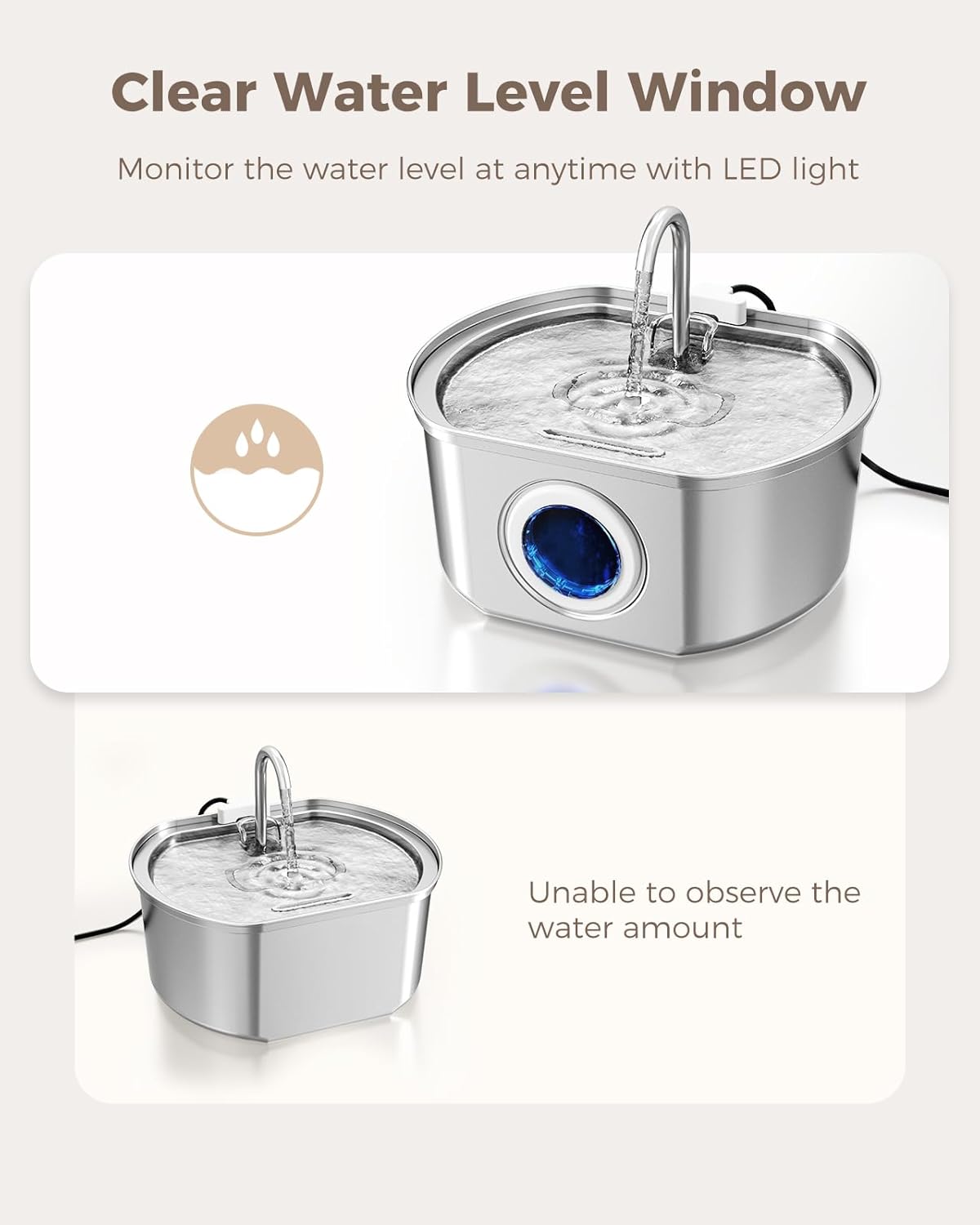 Cat Water Fountain Stainless Steel: 108oz/3.2L Cat Fountain for Drinking - Water Level Window
