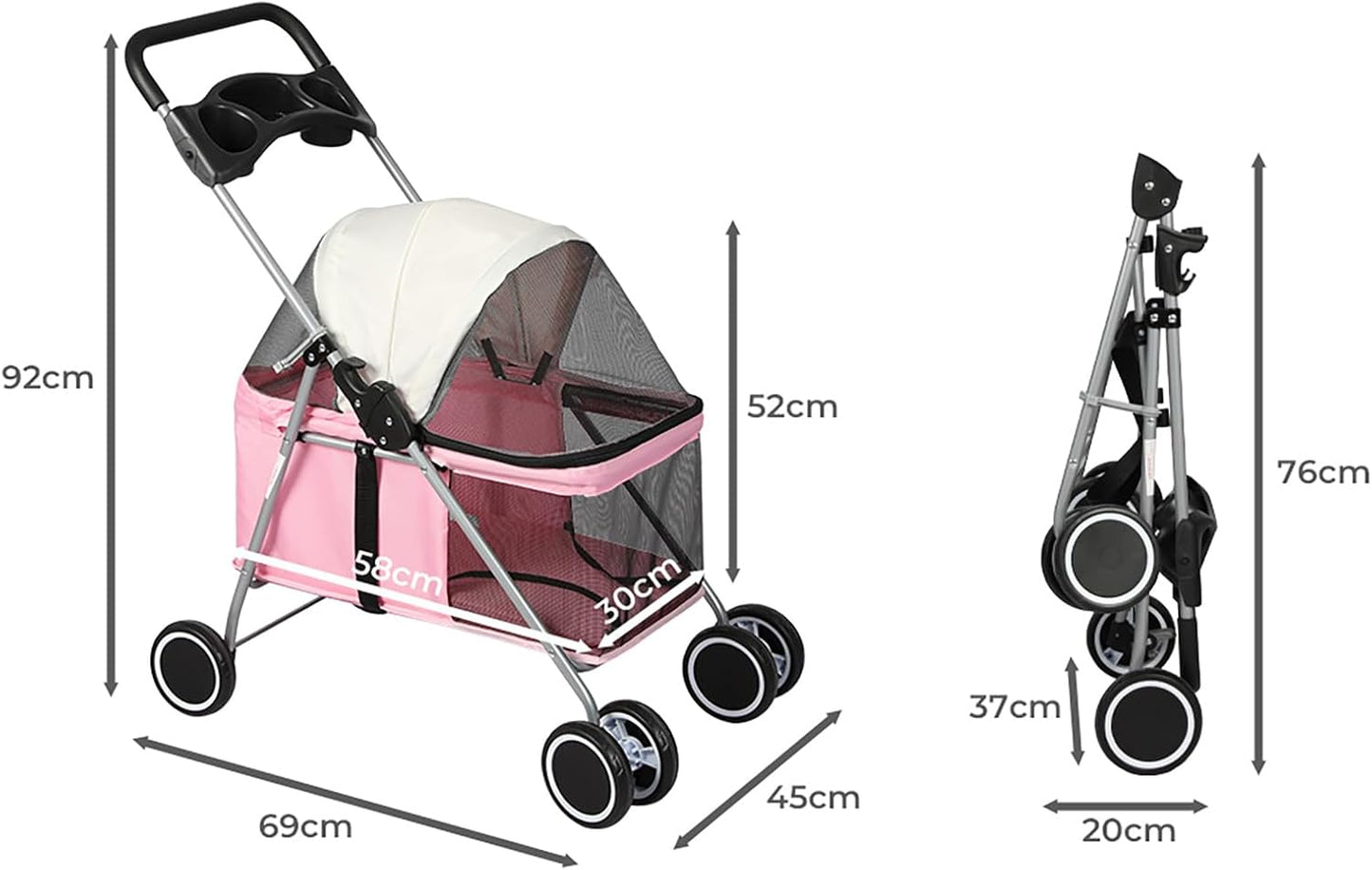 PaWz 4 Wheels Foldable Pet Stroller Dog Cat Travel Carrier Large Pink