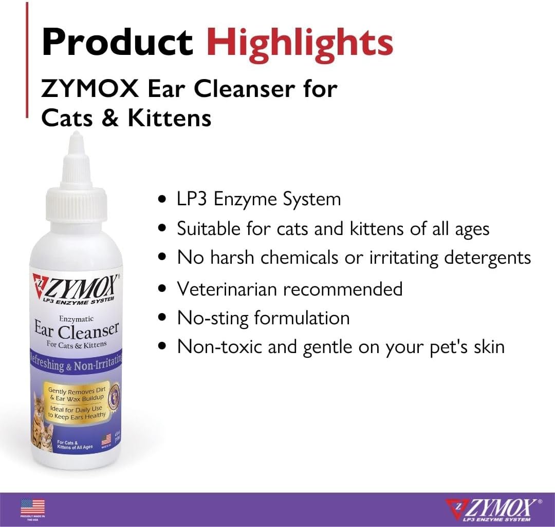 ZYMOX Enzymatic Ear Cleanser for Cats & Kittens, 4 oz. - Cleans and Refreshes Ear Canal for Relief from Wax and Dirt Buildup