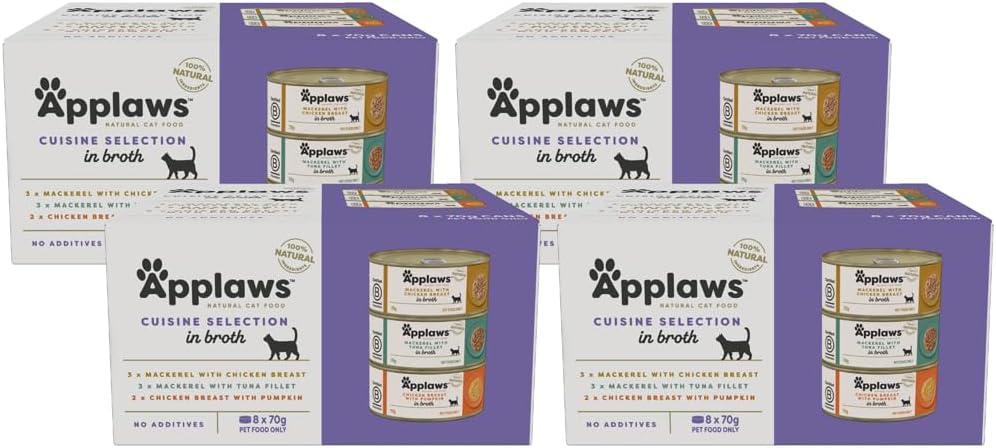 Applaws 100% Natural Wet Cat Food Mixed Variety Cuisine Selection in Broth Tin 70g (Pack of 32), Limited Ingredients Pet Food