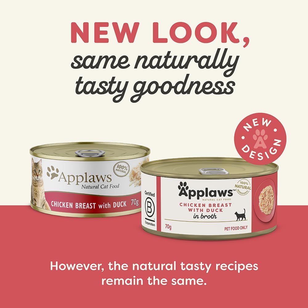 Applaws 100% Natural Wet Cat Food Chicken Breast with Duck in Broth Tin 70g (Pack of 24), Limited Ingredients Pet Food
