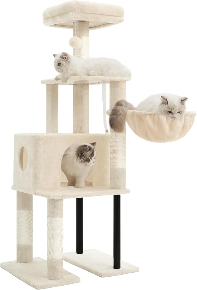 Heybly Cat Tree, 125 cm Cat Tower for Indoor Cats, Spacious Cat House Condo with Hidden Space，Sturdy Steel Tube，Soft Plush Top Perch，Cozy Hammock and Sisal Scratching Posts, Beige HCT200SM