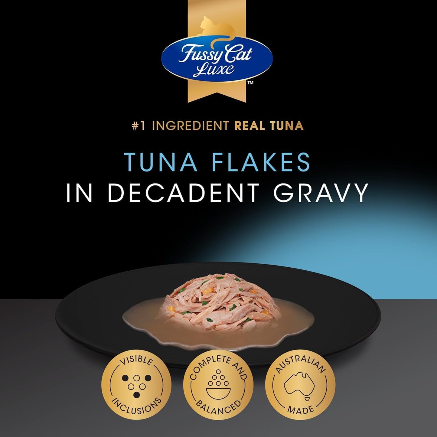 Fussy Cat Luxe Wet Cat Food, Tuna Flakes in Decadent Gravy 12x70g
