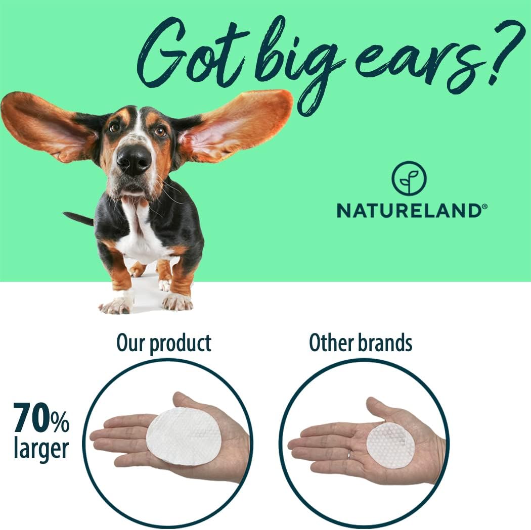[150 pcs Extra-Large] Natureland Dog Ear Wipes - Extra Large Pads [170%] Ear Infections and Ear Odor in Pets