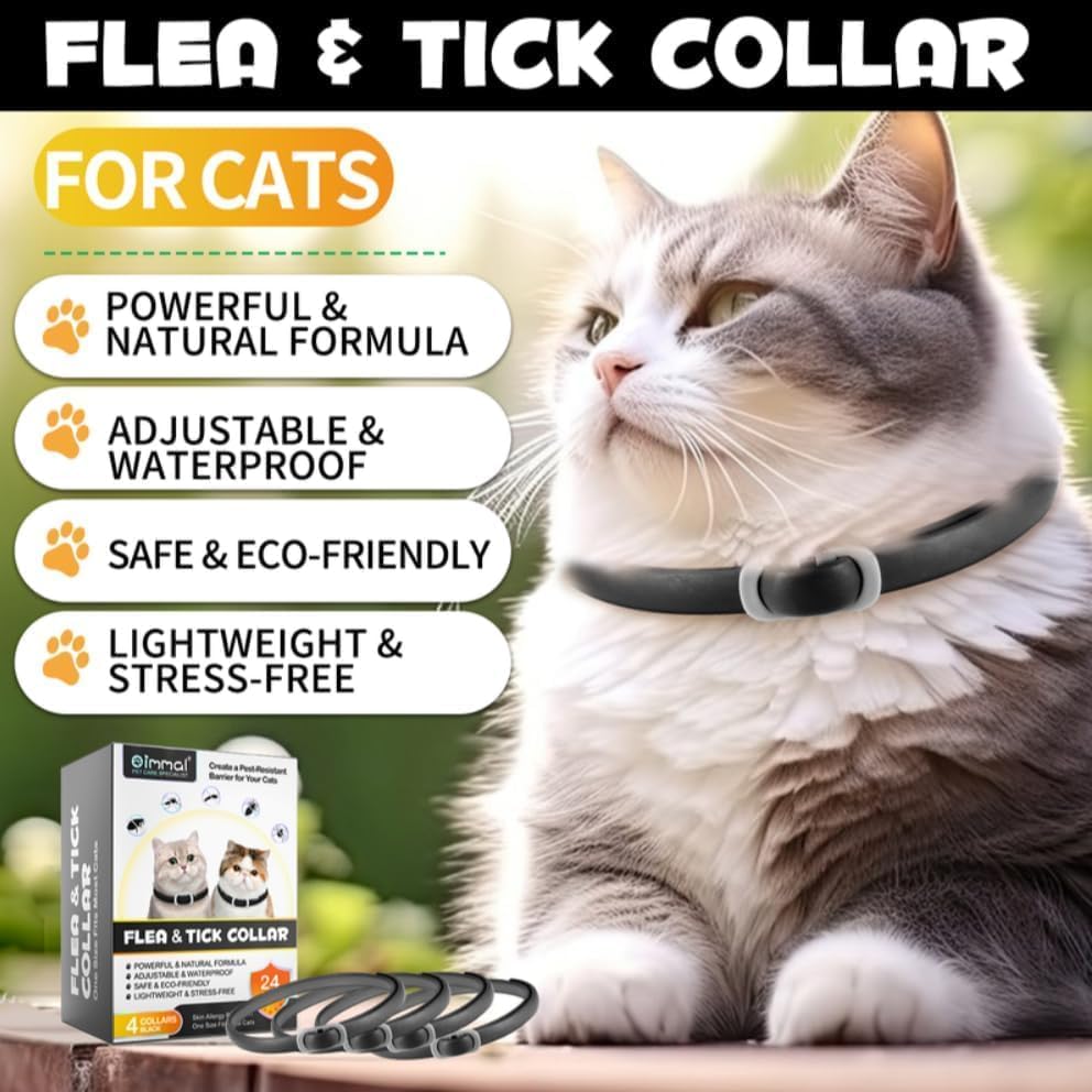 Cat Flea and Tick Collar | 24-Month Flea & Tick Prevention | Adjustable, Water-Resistant & Safe | Natural Ingredients | for Cats of | 4-Pack