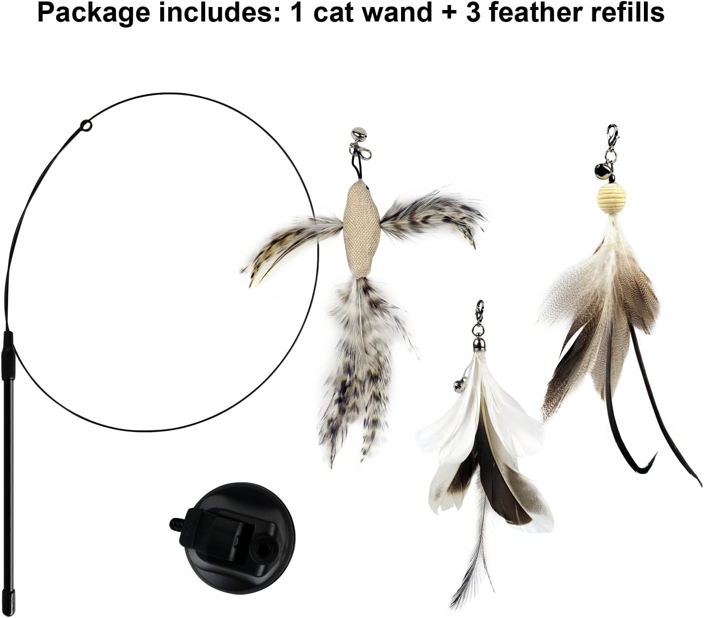Cat Wand Toys with Suction Cup, Interactive Bird Simulation Cat Toy Set,Cat Teaser Cat Toys,Flexible Steel Wire and 3Pcs Replacement Feather Refills with Bells