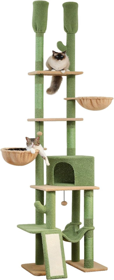 PAWZ Road Cactus Cat Tree Floor to Ceiling Tower with Adjustable Height(216-285cm), 7 Tiers Climbing Activity Center Cozy Hammocks, 5 Platforms and Scratching Posts for Indoor Cats, Green