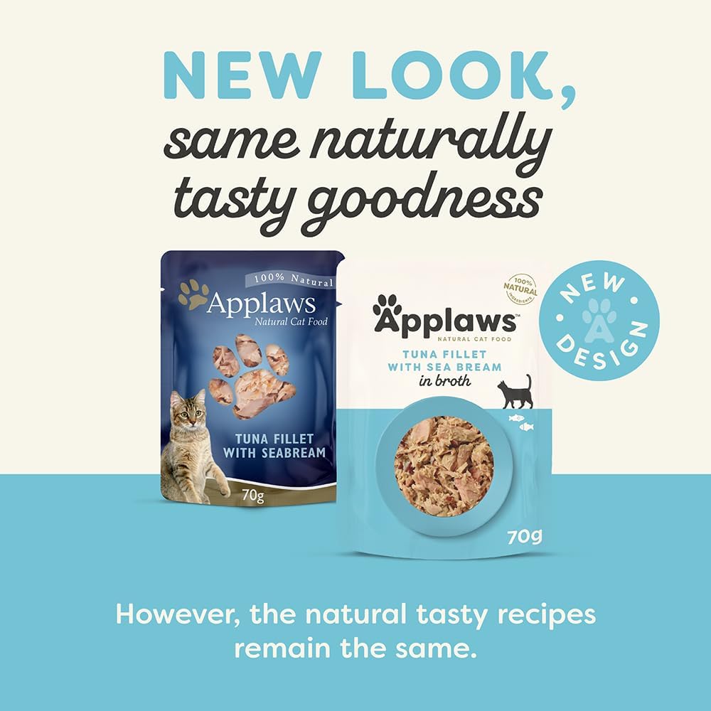 Applaws 100% Natural Wet Cat Food Tuna Fillet with Sea Bream in Broth, Limited Ingredients Pet Food 70g Pouch (Pack of 16) Visit the Applaws Store
