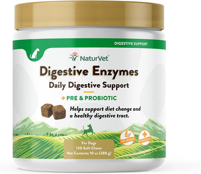 NaturVet Digestive Enzymes Plus Probiotic for Dogs, 120 ct Soft Chews, Made in USA