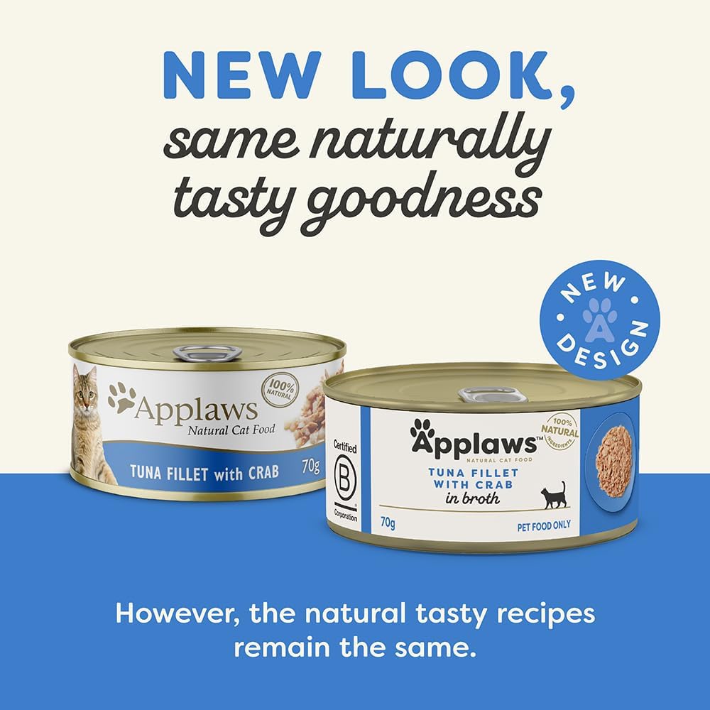 Applaws 100% Natural Wet Cat Food Tuna Fillet with Crab in Broth Tin 70g (Pack of 24), Limited Ingredients Pet Food