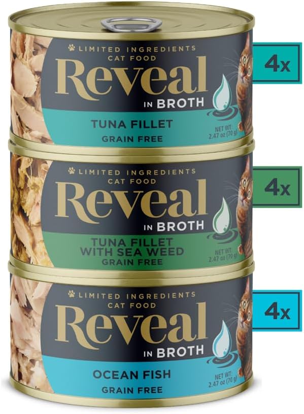 Reveal Natural Wet Cat Food, 12 Count, Grain Free, Limited Ingredient Canned Food for Cats, Fish Deluxe Selection in Broth, 70g Tins