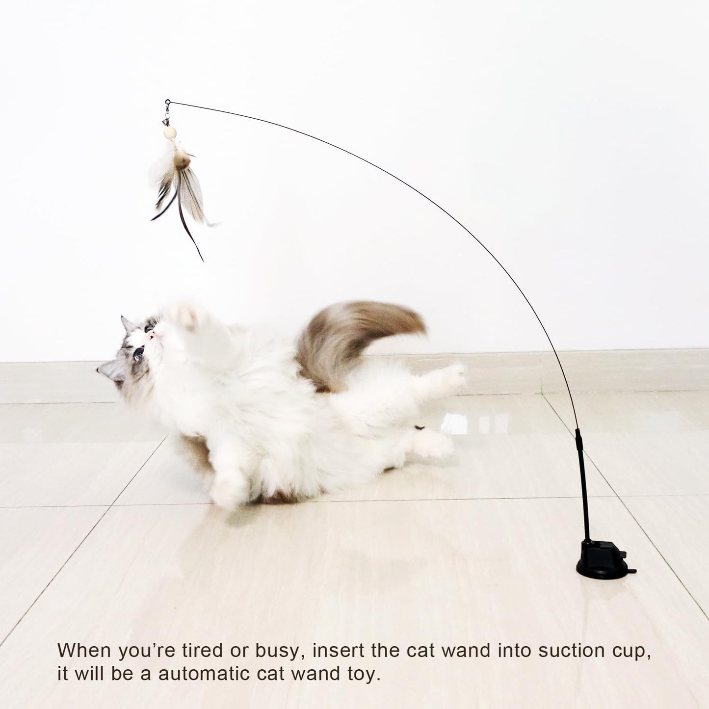 Cat Wand Toys with Suction Cup, Interactive Bird Simulation Cat Toy Set,Cat Teaser Cat Toys,Flexible Steel Wire and 3Pcs Replacement Feather Refills with Bells