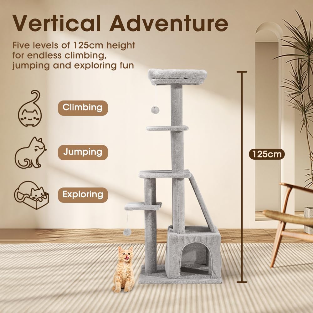 Petzly Cat Tower, 125cm Cat Tree for Indoor Large Cats, Multi-Level Condo with Ladder, Hideaways, Pompoms and Toy, Grey