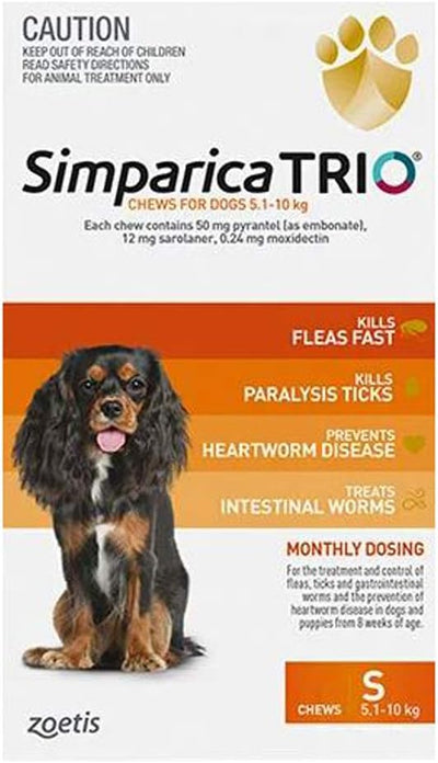 Simparica Trio Flea, Tick and Worming Chews for Dogs 5.1-10 kg, Orange (Pack of 6)