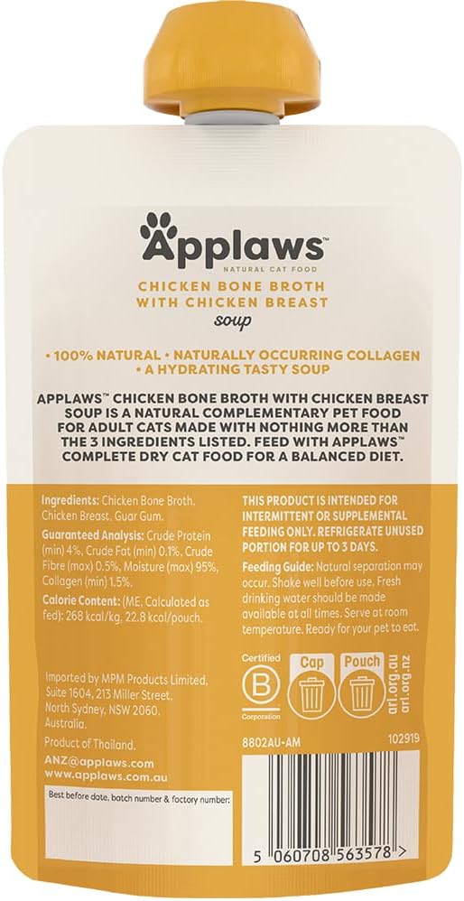 Applaws 100% Natural Wet Cat Treat Chicken Bone Broth with Chicken Breast Soup, Limited Ingredients Pet Food 80g (Pack of 6)