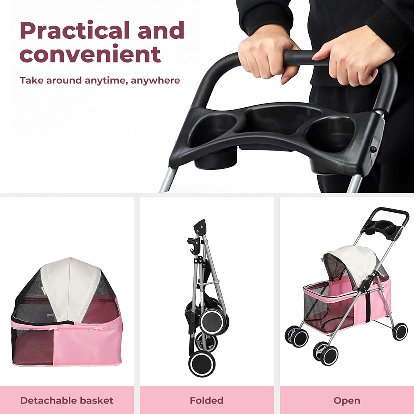 PaWz 4 Wheels Foldable Pet Stroller Dog Cat Travel Carrier Large Pink
