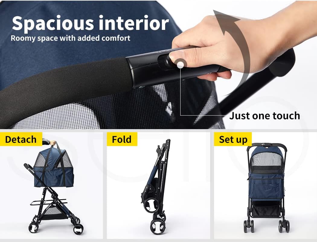 PaWz Large Pet Stroller - Dog Cat Carrier Pushchair, Foldable Pram 4 Wheels Blue