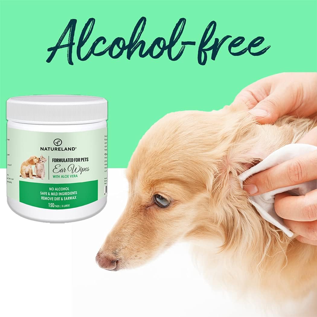 [150 pcs Extra-Large] Natureland Dog Ear Wipes - Extra Large Pads [170%] Ear Infections and Ear Odor in Pets