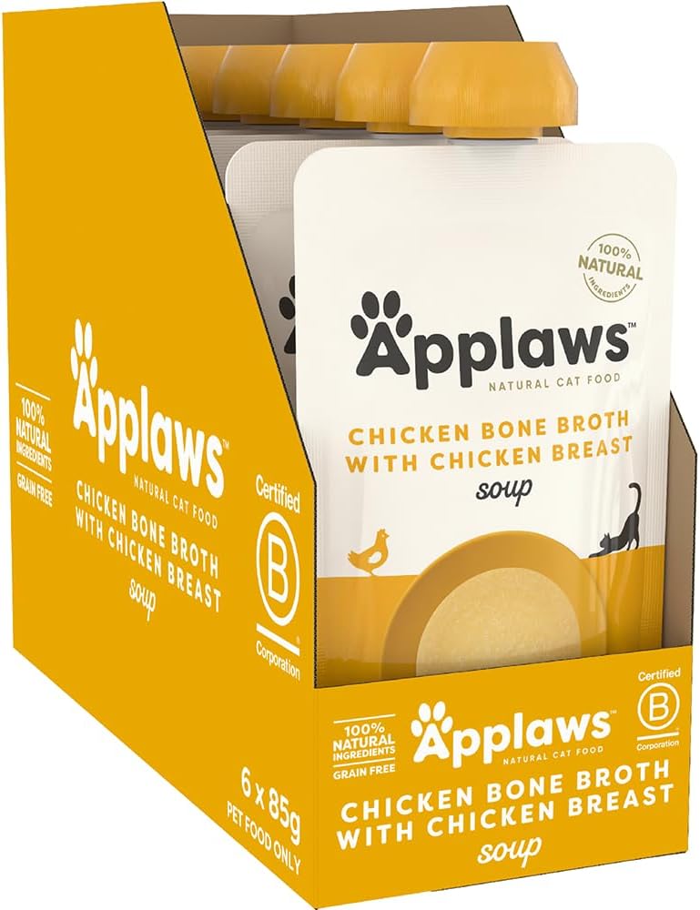 Applaws 100% Natural Wet Cat Treat Chicken Bone Broth with Chicken Breast Soup, Limited Ingredients Pet Food 80g (Pack of 6)