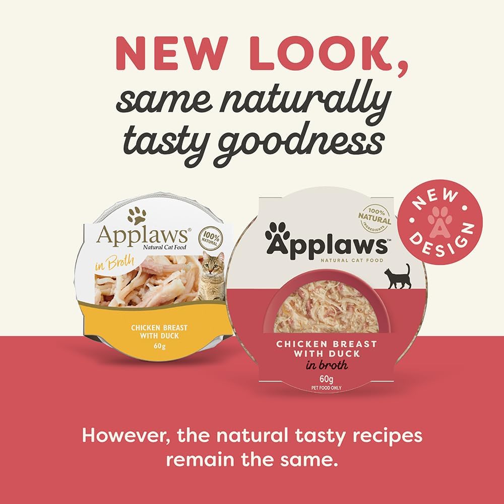Applaws 100% Natural Wet Cat Food Chicken Breast with Duck in Broth, Limited Ingredients Pet Food 60g Pot (Pack of 10)