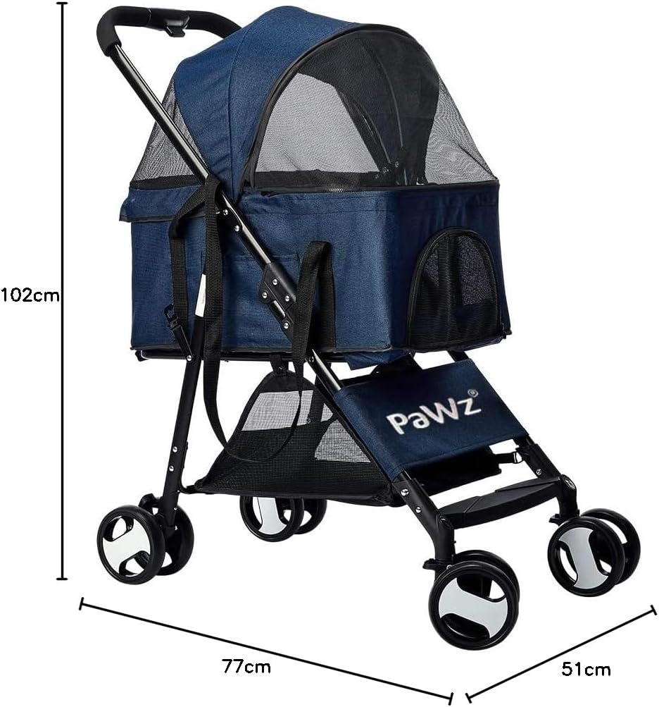 PaWz Large Pet Stroller - Dog Cat Carrier Pushchair, Foldable Pram 4 Wheels Blue