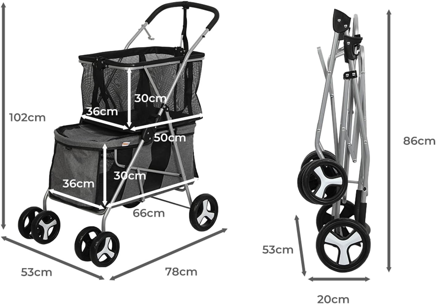 PaWz 2-Tier Pet Stroller, 4 Wheels Pet Carrier with Brake for Dog Cat