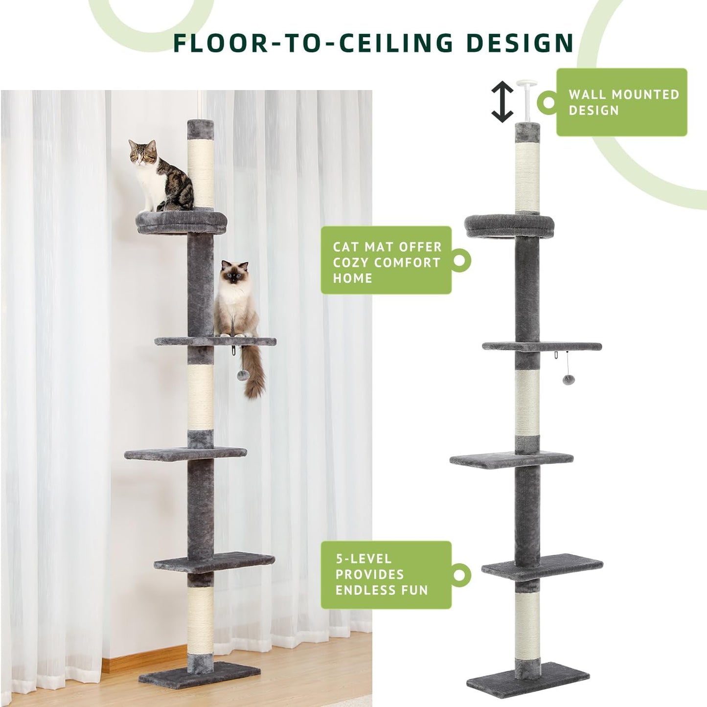 PAWZ Road Cat Tree 5-Tier Floor to Ceiling Cat Tower Height Adjustable 95-107 Inches, Tall Kitty Climbing Activity Center with Scratching Post, Cozy Bed, Dangling Ball for Indoor Cats Grey