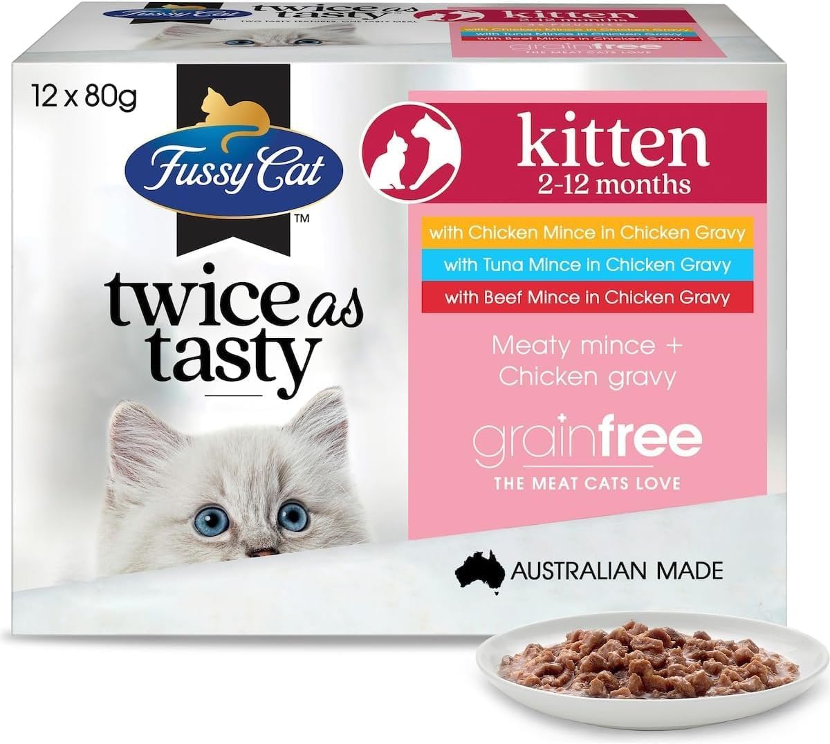 Fussy Cat Grain Free Twice as Tasty Kitten Wet Food, Kitten Mince 12x80g