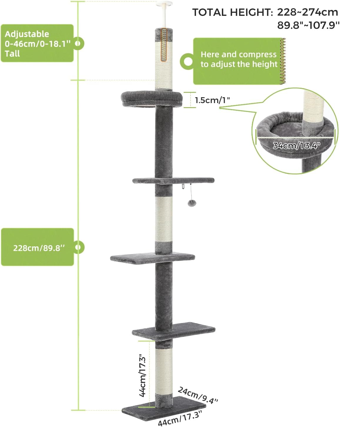 PAWZ Road Cat Tree 5-Tier Floor to Ceiling Cat Tower Height Adjustable 95-107 Inches, Tall Kitty Climbing Activity Center with Scratching Post, Cozy Bed, Dangling Ball for Indoor Cats Grey