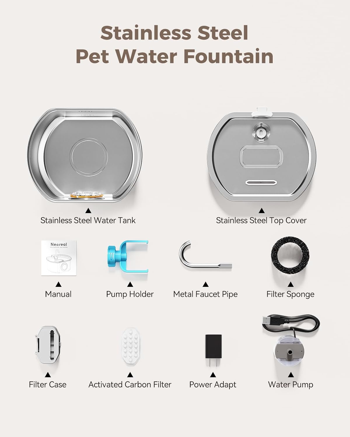 Cat Water Fountain Stainless Steel: 108oz/3.2L Cat Fountain for Drinking - Water Level Window
