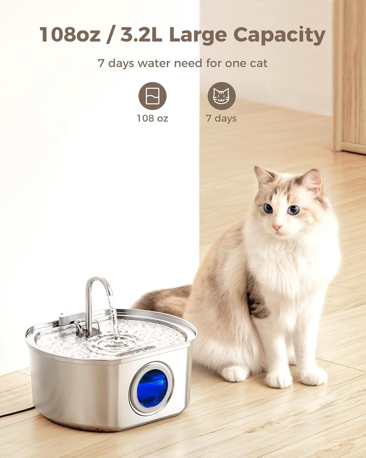 Cat Water Fountain Stainless Steel: 108oz/3.2L Cat Fountain for Drinking - Water Level Window
