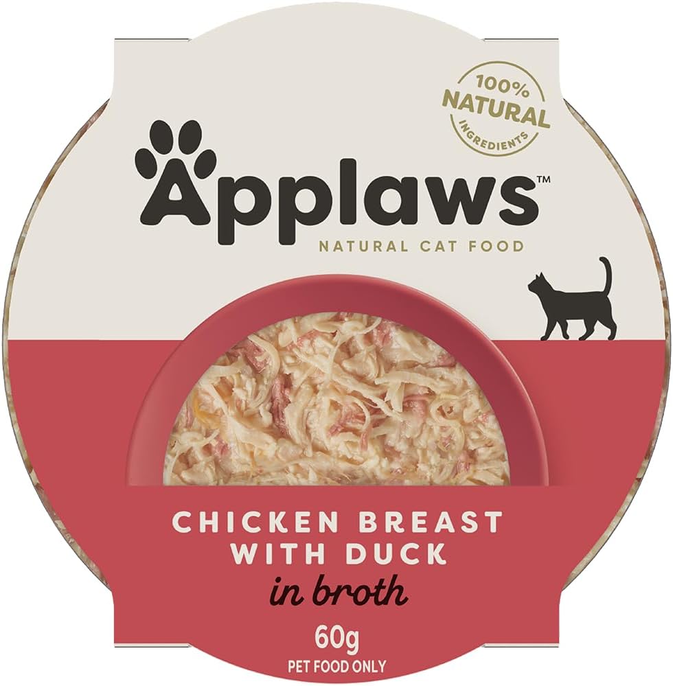 Applaws 100% Natural Wet Cat Food Chicken Breast with Duck in Broth, Limited Ingredients Pet Food 60g Pot (Pack of 10)