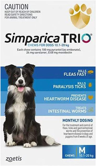Simparica Trio Flea, Tick and Worming Chews for Dogs 10.1-20 kg, Blue (Pack of 6)