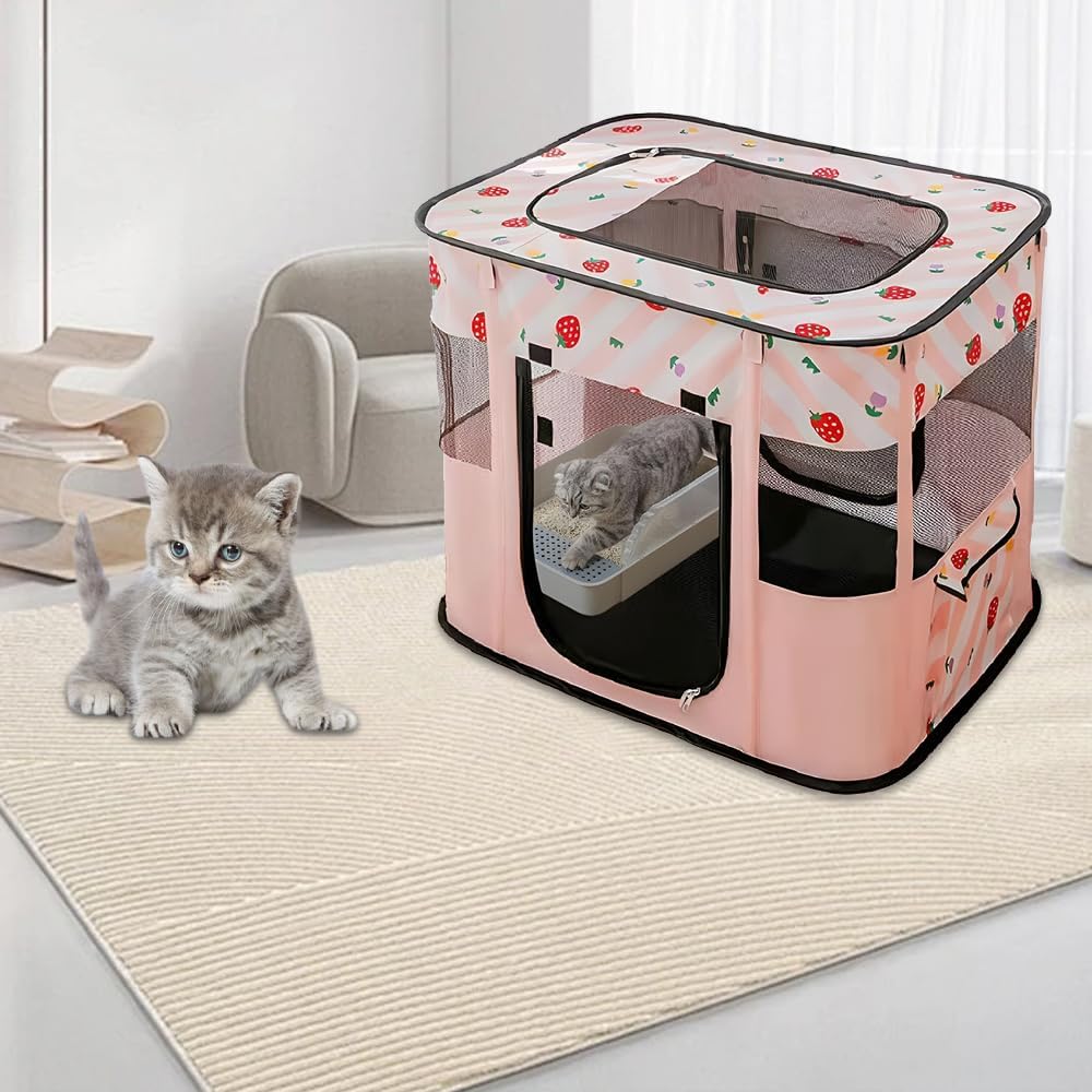 Foldable Pet Playpen, Portable Kennel Crate Cat Playpen for Dog cat (Size M, Pink)