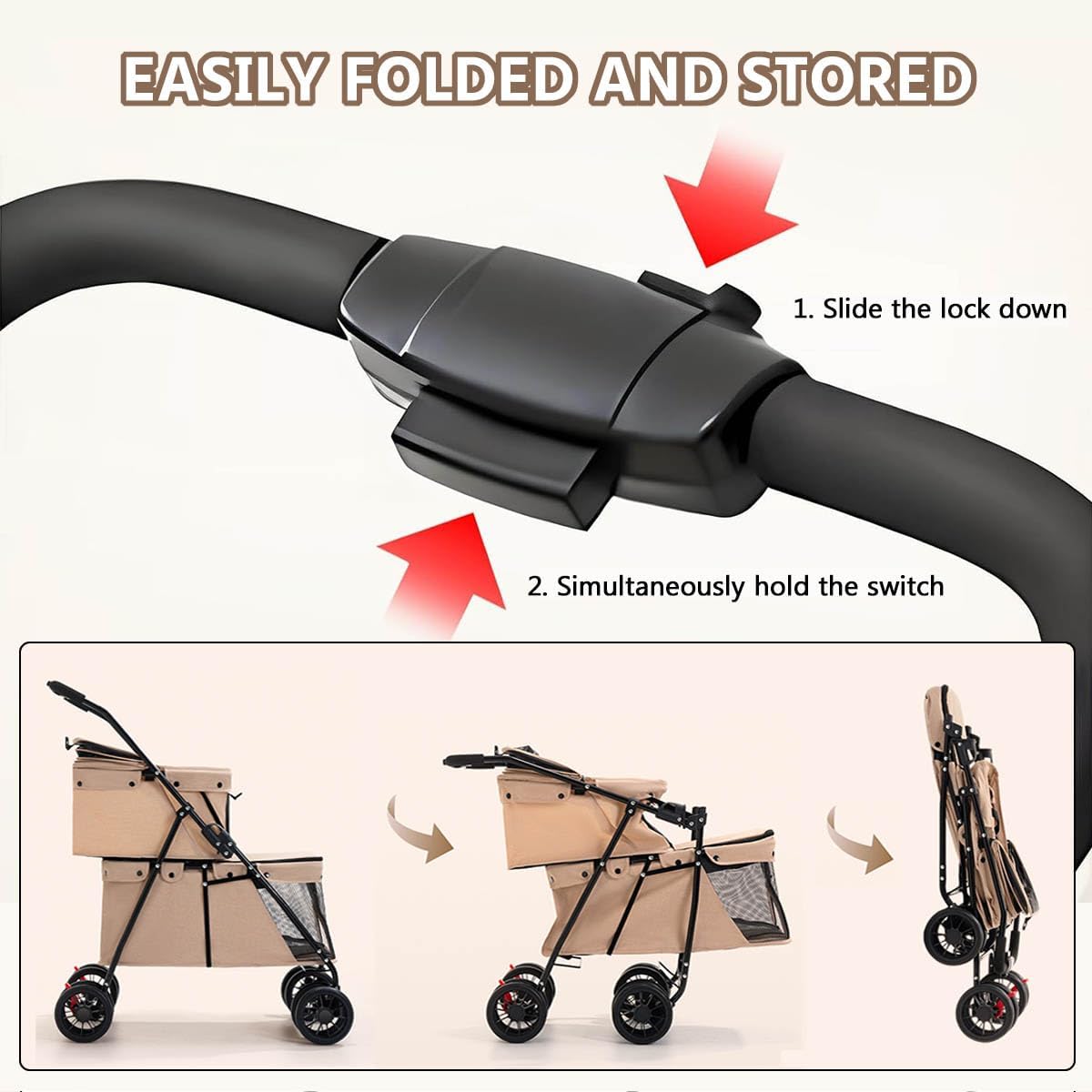Double Layer Pet Stroller Cat Dog pram, Lockable Wheels Carriers, Foldable for Storage, for Small Medium Sized Pets, Simple Assembly (Brown)