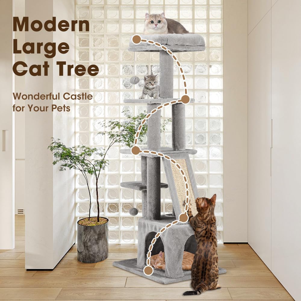 Petzly Cat Tower, 125cm Cat Tree for Indoor Large Cats, Multi-Level Condo with Ladder, Hideaways, Pompoms and Toy, Grey