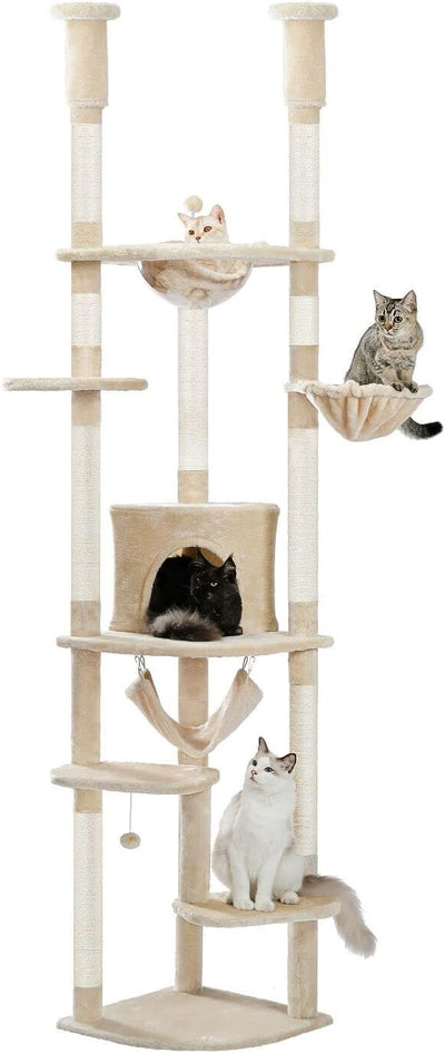 PAWZ Road Large Cat Tree Floor to Ceiling Cat Tower with a Cozy Condo, 6-Tier Cat Climbing Activity Center with Perch and Hammock for Adult Cats Beige