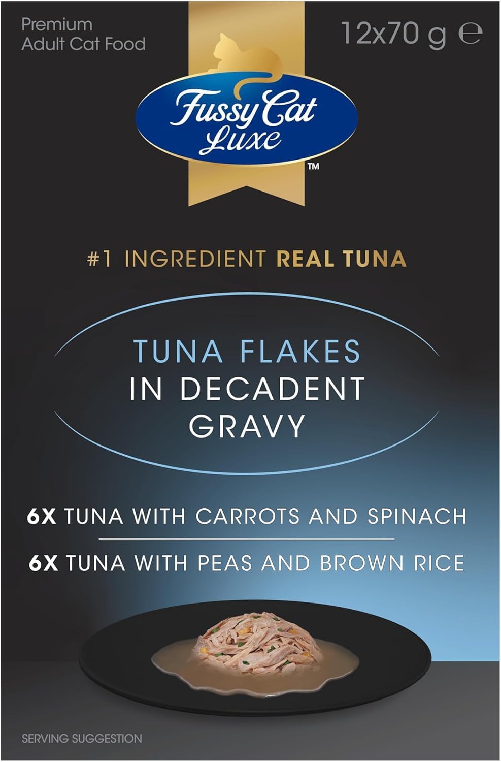 Fussy Cat Luxe Wet Cat Food, Tuna Flakes in Decadent Gravy 12x70g